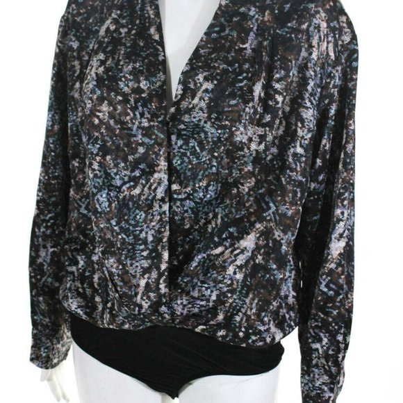 ASTR Women's Yvette Sequin Print V-Neck Bodysuit Black Blue Size Large NWT - Picture 2 of 8